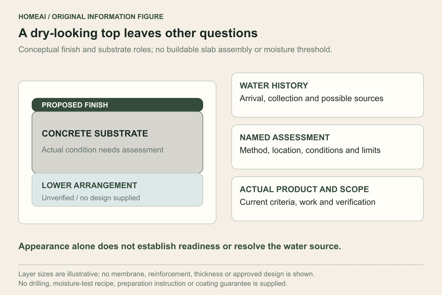 Original conceptual floor section with a labelled finish, concrete substrate and unverified lower arrangement, beside separate water-history, assessment and product questions. Layer sizes are illustrative and no buildable assembly is supplied.