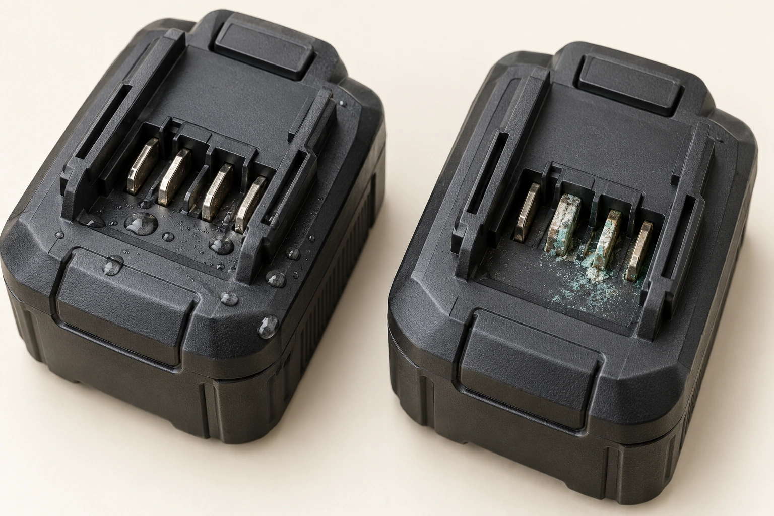 Separate closed tool battery examples: visible droplets in one contact recess, and localized green-white corrosion around contacts on the other.